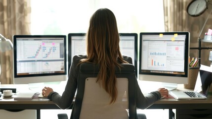 Businesswoman multitasks with dual computers