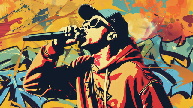 Dynamic illustration of a hip hop artist performing live, stylized with urban graffiti background in yellow and red.