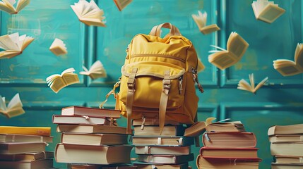 Yellow Backpack and School Essentials on Green Chalkboard