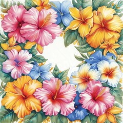 A beautiful watercolor painting of a variety of hibiscus flowers.