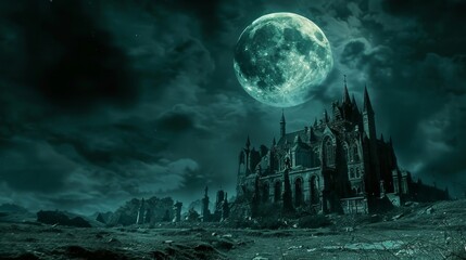 A dark and gloomy castle with a full moon in the background.
