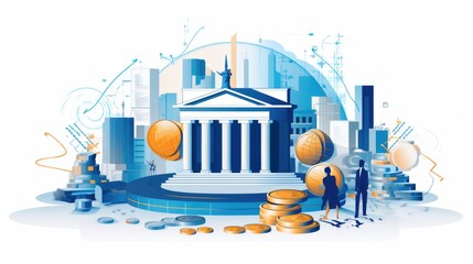 Wealth blueprint cartoon illustration - Generative AI. Bank, building, businessman, coin.