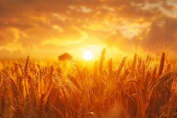 A golden wheat field at sunset