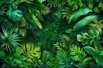 A lush green background of various tropical leaves.