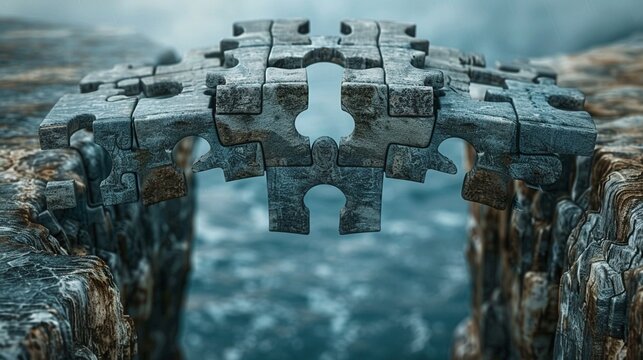 Bridge Made of Puzzle Pieces Over a Chasm Show a bridge constructed from jigsaw puzzle pieces spanning across a deep chasm