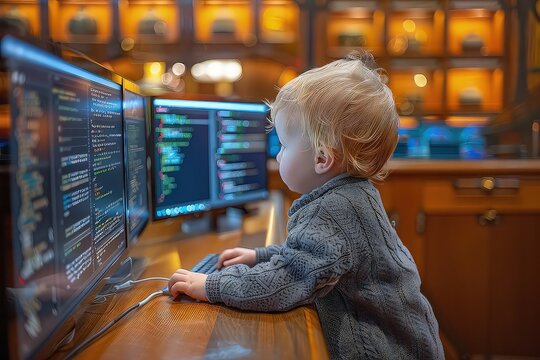 Child learning to code on a computer. Little boy in front of computer monitor. Deep concentration as she unravels the mysteries of programming.