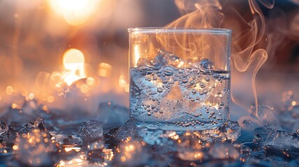 Ice Water with Smoke Bubbles Picture a clear glass of ice water in which smoke bubbles rise to the surface and pop, releasing tiny puffs of steam, set against a backdrop of a heatdistorted landscape