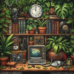 A photo of a cluttered desk in a greenhouse. On the desk are various electronic devices, books, plants, and other objects. The desk is made of wood and is stained a dark brown color. The walls of the