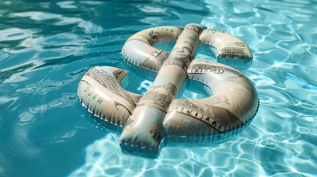 Pool Float Shaped Like a Dollar Sign Envision a swimming pool with a giant pool float in the shape of a dollar sign, illustrating the luxury of financial freedom during leisure time