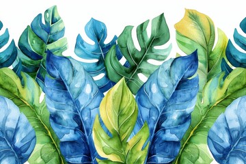 A seamless pattern of watercolor tropical leaves in blue and green colors.