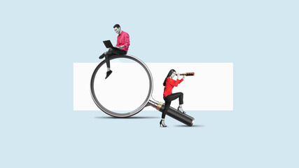 A man with a laptop and woman with telescope on a big magnifying glass. Art collage. Searching for...