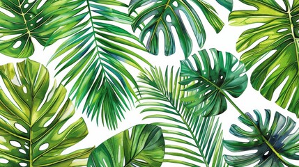 A seamless watercolor pattern of tropical leaves.