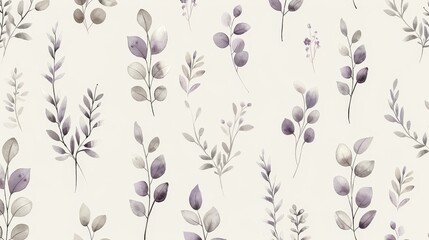 A seamless watercolor pattern with various kinds of leaves and flowers in muted colors.