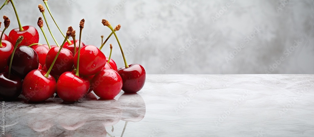 Aufkleber A composition of sweet cherries on a marble table with a space available for text in the image. with copy space image. Place for adding text or design