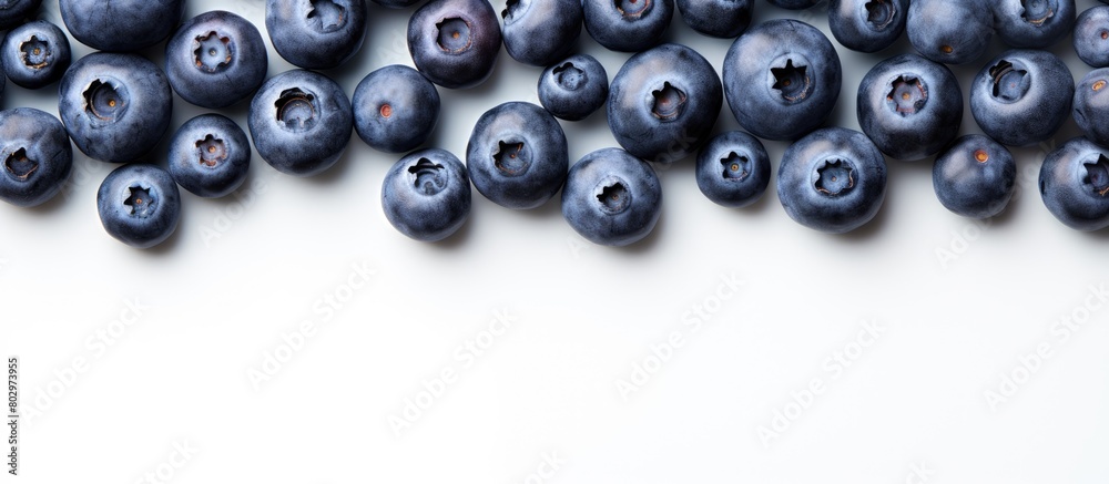 Aufkleber A close up image of ripe and juicy fresh picked blueberries on a white background The top down view or flat lay design offers ample copy space