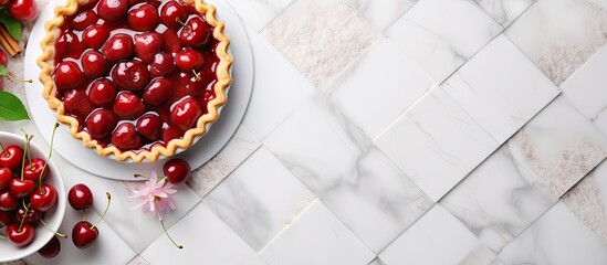 A delicious cherry pie and plates of sliced pieces showcased on a white tile background creating a...