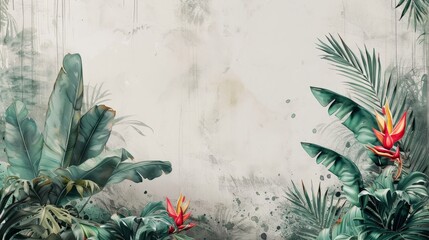 A watercolor painting of a tropical jungle with lush foliage and red flowers.