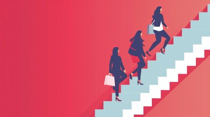 Flat illustration with business ladies climbing on top of white stairs together on red background. Victory, achievement, reaching aim, partnership, motivation, lady team, feminism - metaphor