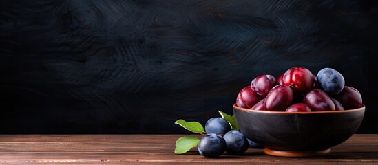 A copy space image of a fruit background featuring a wooden table with a bowl of freshly picked...