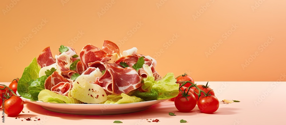 Poster a copy space image featuring a plate adorned with delicious ham cheese lettuce and tomatoes set agai
