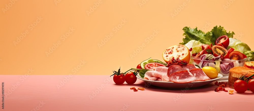 Aufkleber A copy space image featuring a plate adorned with delicious ham cheese lettuce and tomatoes set against a pink backdrop