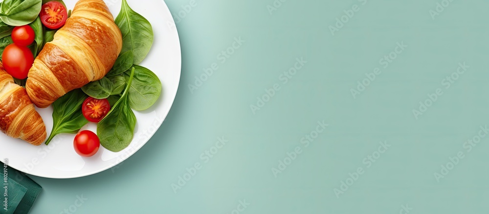 Poster a breakfast croissant with spinach egg and tomatoes is displayed on a plate the top view of the flat