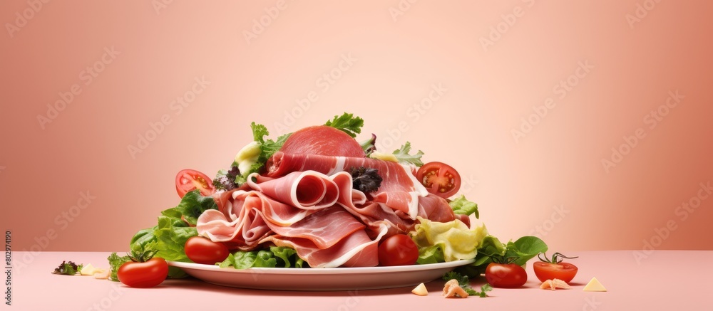 Poster A copy space image featuring a plate adorned with delicious ham cheese lettuce and tomatoes set against a pink backdrop