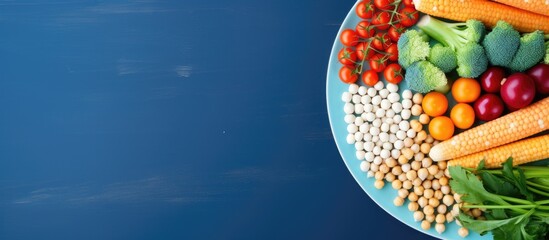 A blue background with a white plate holding rainbow colored vegetables and chickpeas leaving room for text copy space image