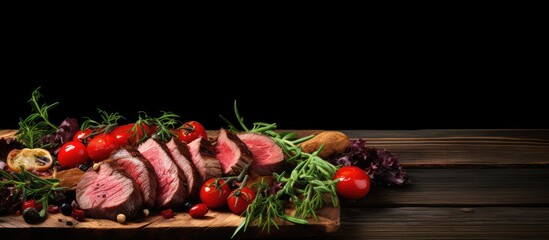 A copy space image featuring roast beef slices and sun dried cherry tomatoes on a wooden background accompanied by salad leaves
