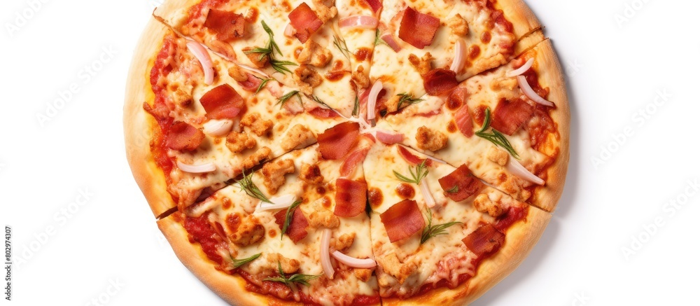 Poster a copy space image of a fast food pizza isolated on a white background and presented in a flat lay a