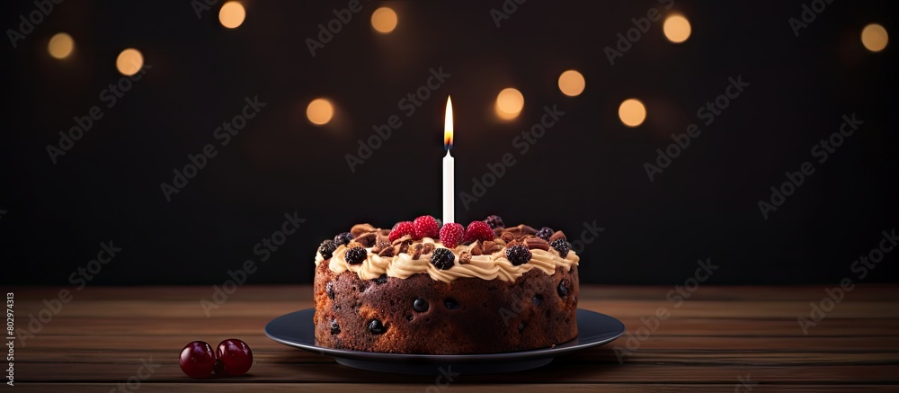 Poster a birthday fruit cake with a single candle creating the perfect still life for a copy space image