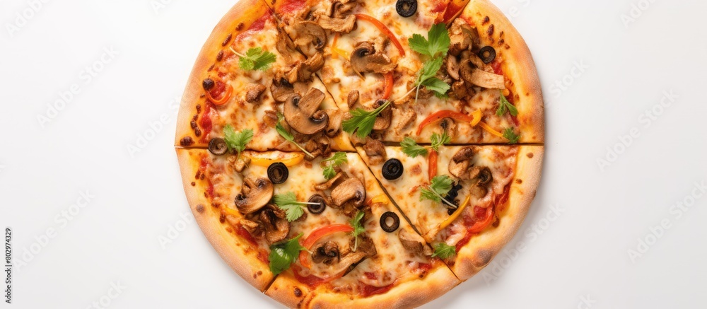 Poster a copy space image of a fast food pizza isolated on a white background and presented in a flat lay a