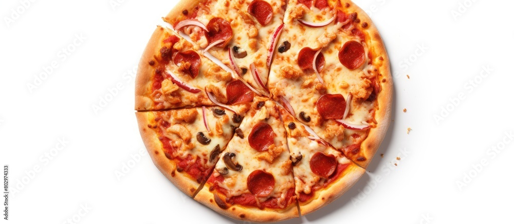 Poster a copy space image of a fast food pizza isolated on a white background and presented in a flat lay a