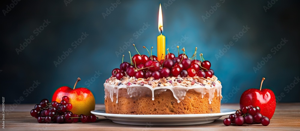 Poster a birthday fruit cake with a single candle creating the perfect still life for a copy space image