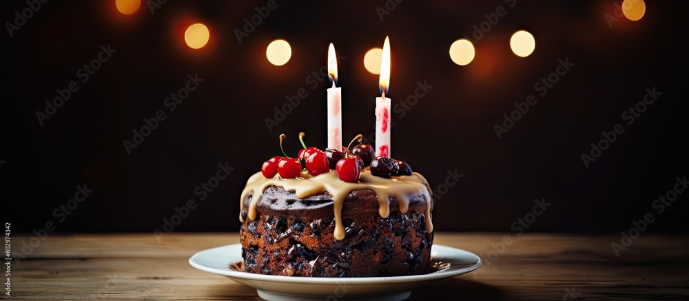 Poster a birthday fruit cake with a single candle creating the perfect still life for a copy space image