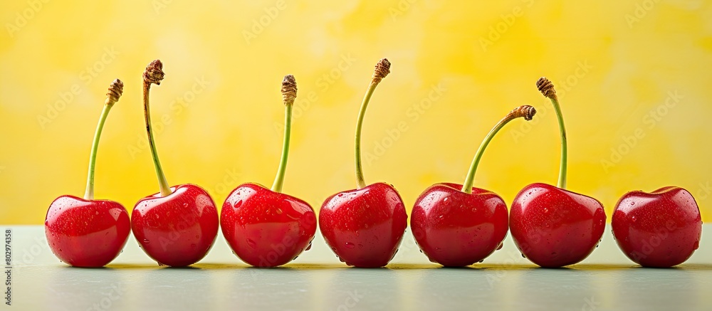 Poster a bunch of ripe sour cherry berries sits in a row on a white watercolor paper placed on a yellow old