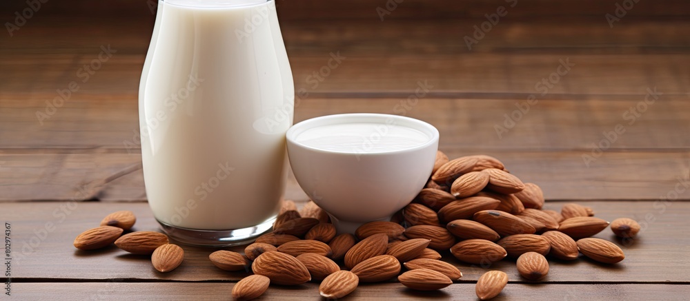 Poster a copy space image of almond milk and almonds displayed on a wooden background