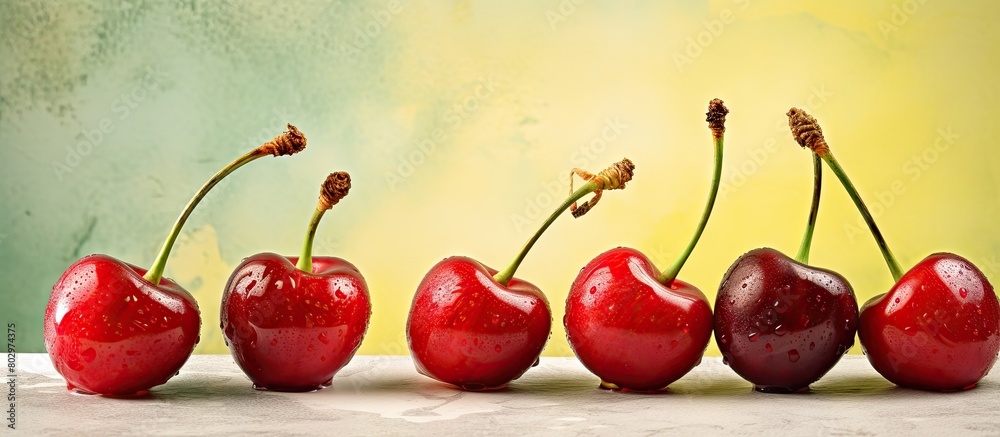 Poster a bunch of ripe sour cherry berries sits in a row on a white watercolor paper placed on a yellow old