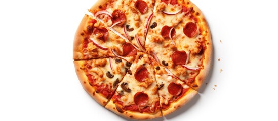 A copy space image of a fast food pizza isolated on a white background and presented in a flat lay arrangement