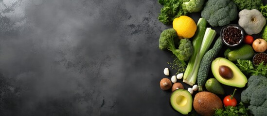 A copy space image of a variety of healthy green foods commonly enjoyed by vegetarians includes avocado apples broccoli artichokes tangerines mung beans lettuce olives rucola kale matcha tea and pear - Powered by Adobe