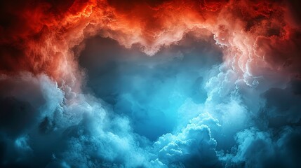 Blue and red clouds form a heart shape in the sky