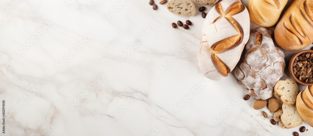 Poster a copy space image showcasing various baked bakeries including a top view of baguette bakery on a wh