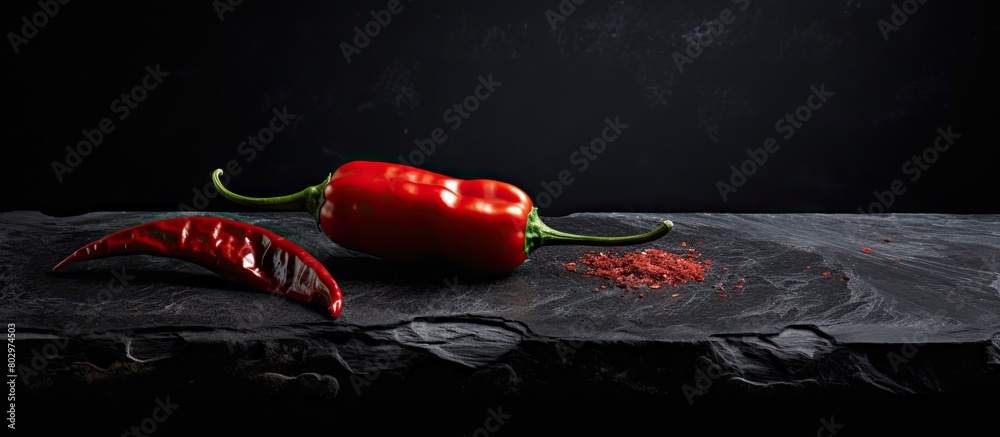 Aufkleber a close up view of a dried red hot chili pepper adorning a black stone board creating a visually str