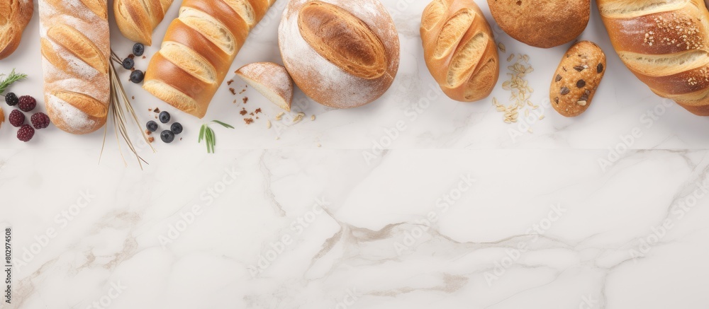Poster a copy space image showcasing various baked bakeries including a top view of baguette bakery on a wh