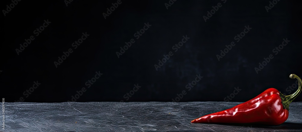 Poster a close up view of a dried red hot chili pepper adorning a black stone board creating a visually str