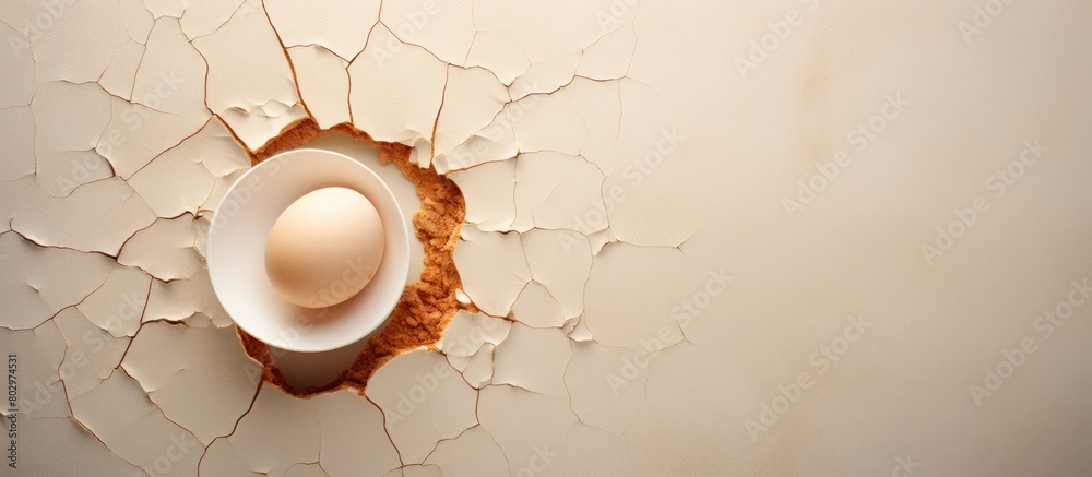 Poster a cracked egg lies on the floor seen from an overhead perspective with a blank space surrounding it 