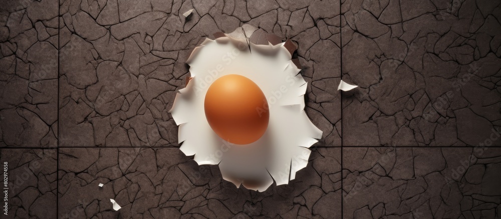 Poster a cracked egg lies on the floor seen from an overhead perspective with a blank space surrounding it 