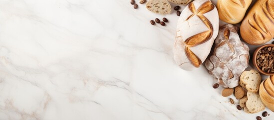 A copy space image showcasing various baked bakeries including a top view of Baguette Bakery on a white marble floor