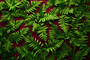 Vibrant 3D Red Background with Lush Green Ferns and Foliage, Natureinspired Design Concept
