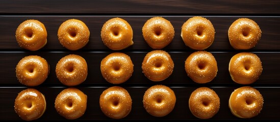 Fototapeta premium A copy space image of golden round donuts arranged on a black lattice resting on a white wooden table